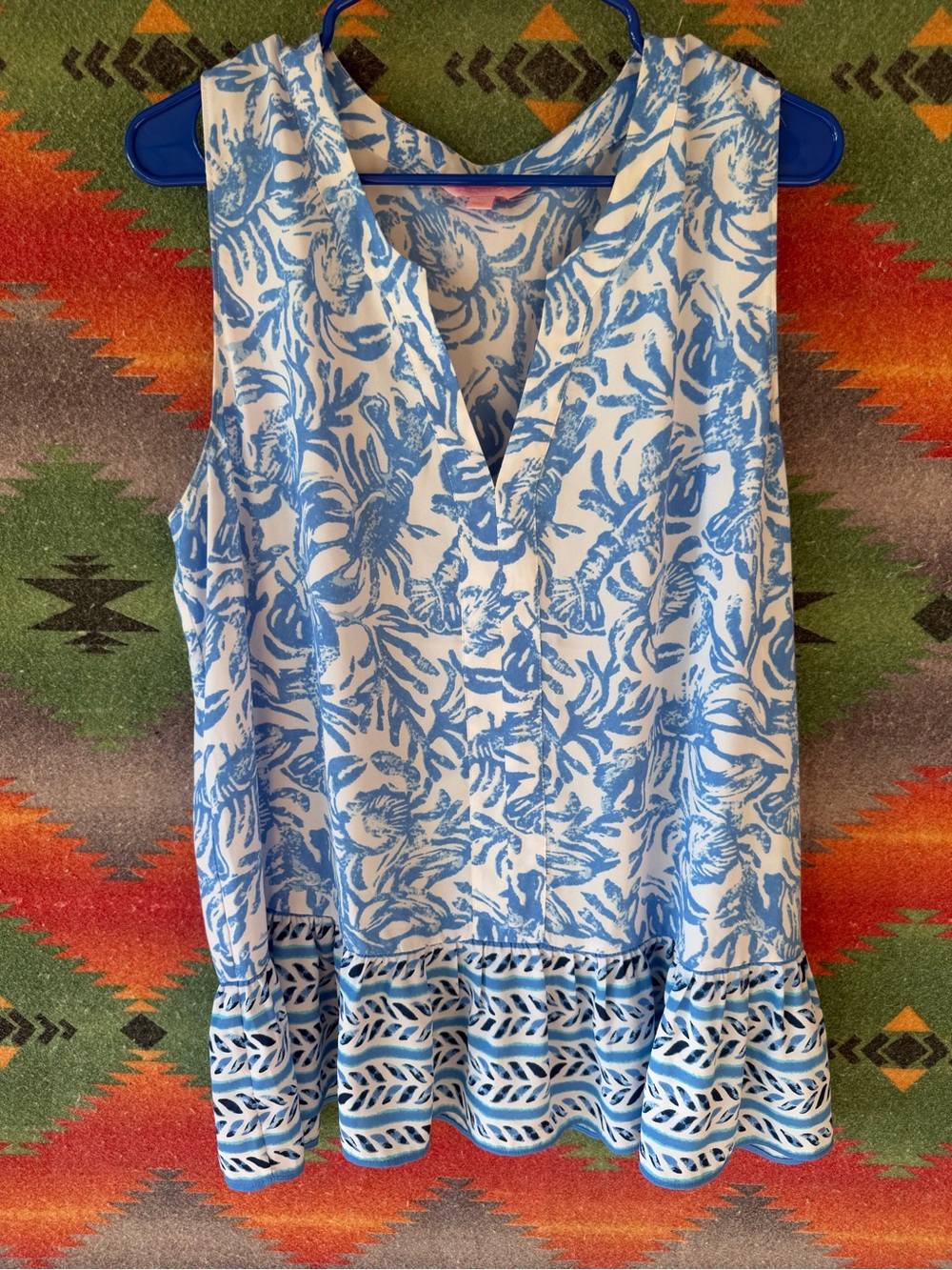 Lilly Pulitzer White and Blue V-Neck Ruffle-Hem Tank
